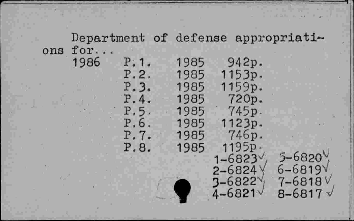 ﻿Department of		defense appropriati-		
ons for...				
1986	P.1.	1985	942p.	
	P.2.	1985	1153p.	
	P.3.	1985	1159p.	
	P.4.	1985	720p.	
	P.5-	1985	745p-	
	P.6.	1985	1123p-	
	P.7.	1985	746p.	
	P.8.	1985	1195P- 1-	68237, 2-	6824V 3-	6822S 4-	6821^	5-	682O\ 6-	6819*, 7-	6818V 8-	6817V